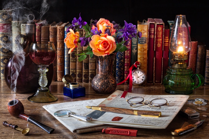 magnifier, 5K, roses, style, books, watch, bouquet, tube, ink, a glass of wine, bottle, lamp, handle, flowers, vase