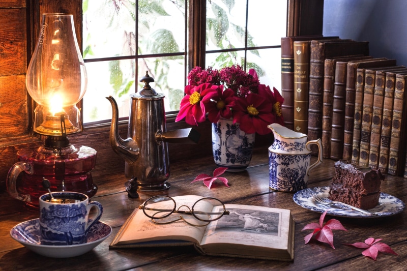 still life, book, cake, the milkman, tea, bouquet, 1080P, lamp, window, glasses