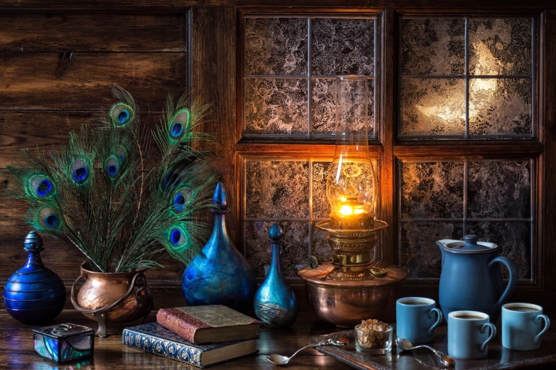 Still Life, Vase, Book, Lamp, Blue, Photography, Window, Peacock, Feather, 1080P