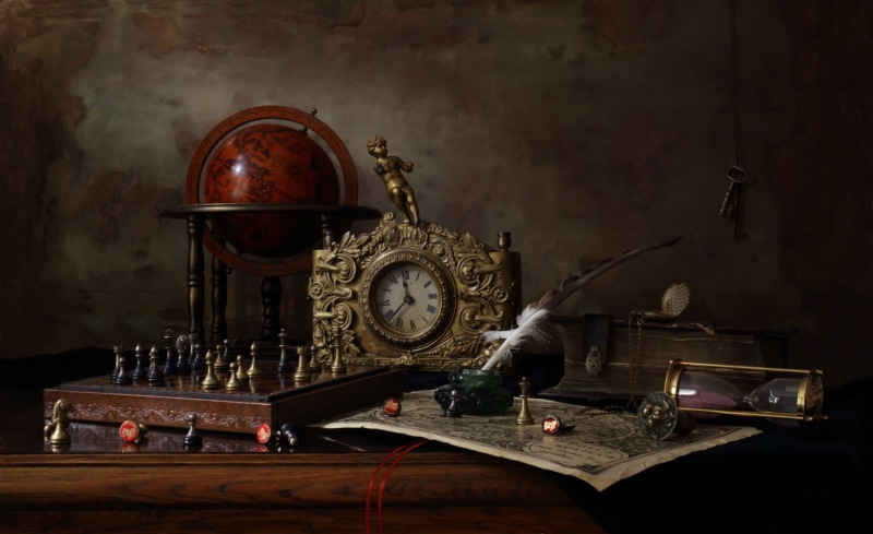 ink, pen, still life, 1080P, globe, key, watch, figurine, chess