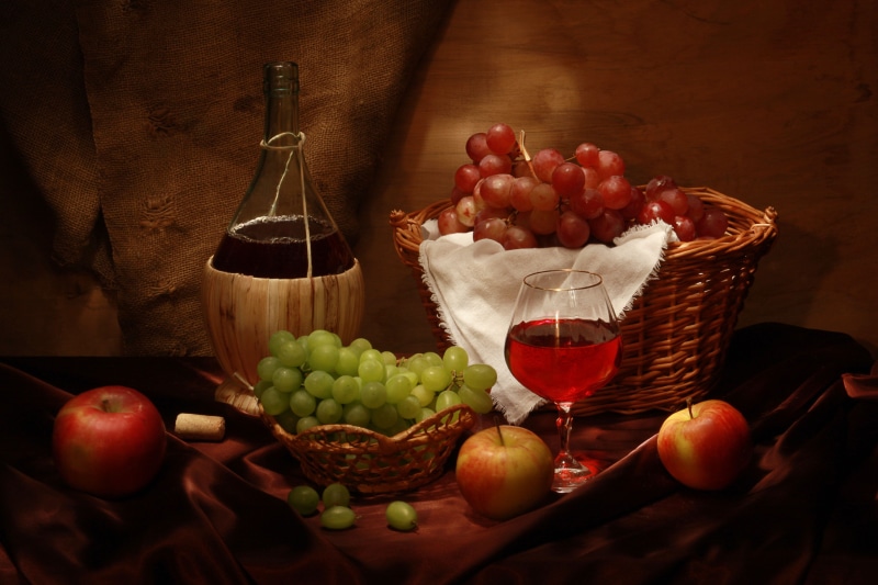winery, 4K, red Wine, grapes, gourmet, bottle, household equipment, red, basket, assorted, apples, wine Bottle, cheese, healthy Eating, retro Styled, indoors