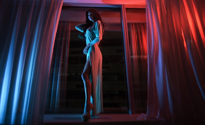 standing, clothing, adult, Elya, performance, indoors, sleeved, 1080P, white, women, full length, dancing, Dress, Girl, one person, Red, s, window, Black