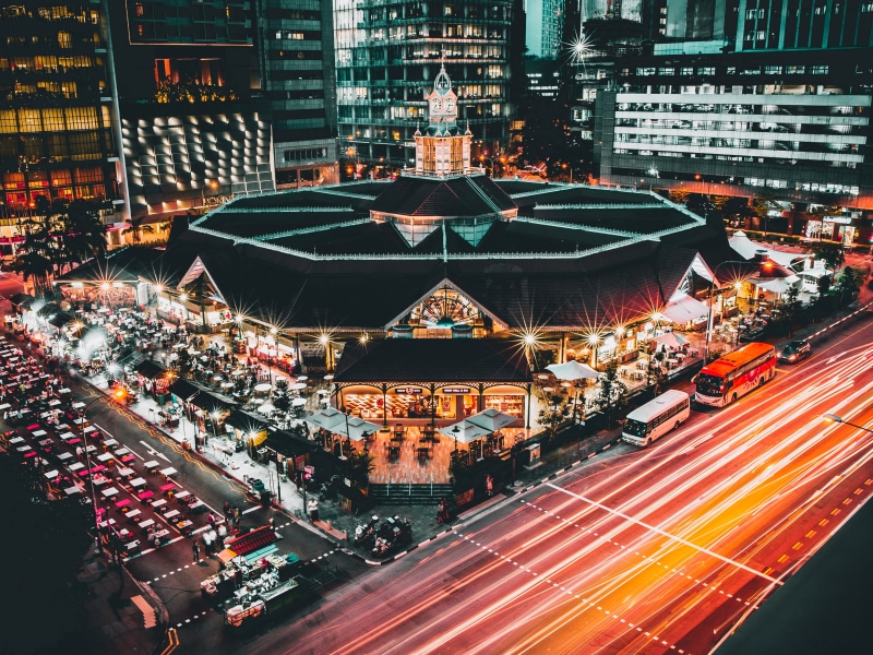 city street, aerial, outdoors, motion, long exposure, transportation, high, nightlife, cars, building Exterior, architecture, city, urban Scene, light