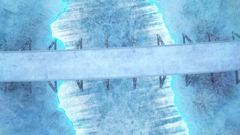 1080P, winter, road, cold, bridge, frozen river, frozen water, neon glow, floating particles, concrete, trees, grunge, ice, pillar, cracked, neon