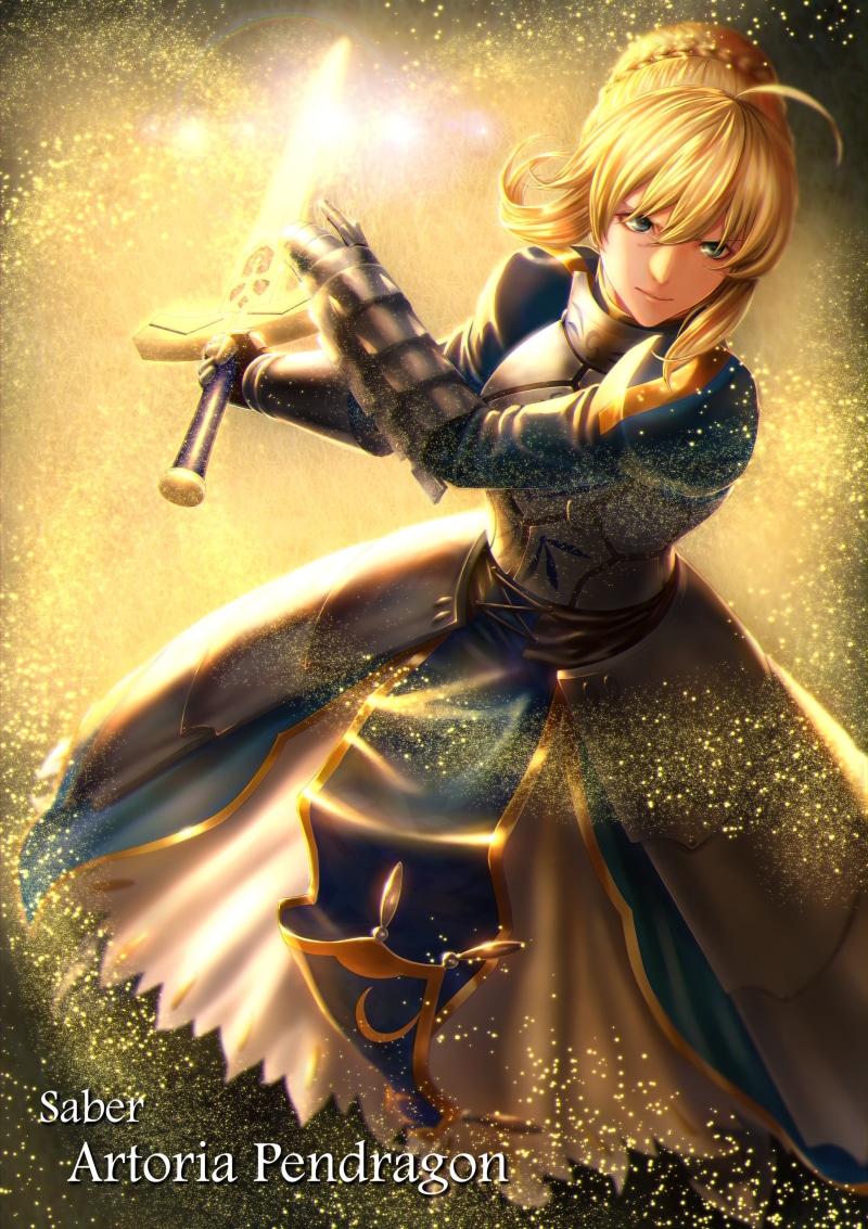 anime, female warrior, artwork, Artoria Pendragon, gauntlets, green eyes, fan art, blonde, 2K, bangs, fantasy art, Fate/Zero, floating particles, armored woman