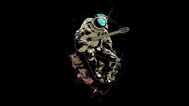 asteroid, 1080P, guitar, digital art, astronaut, spacesuit, sitting, music, black, black background, playing, humor, space suit, Brazil, space, musician