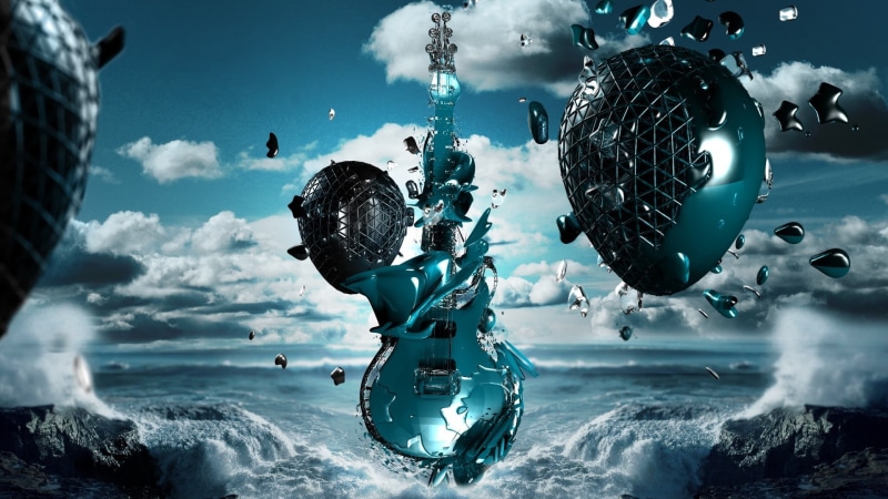 digital composite, music, outdoors, travel, people, underwater, digital art, sea, digital, motion, guitar, swimming, water, aquatic sport, cloud - sky
