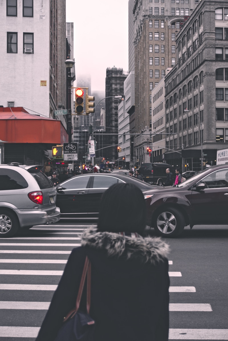 transportation system, marking, office building exterior, road marking, traffic lights, 5K, built structure, new York City, city, back view, buildings