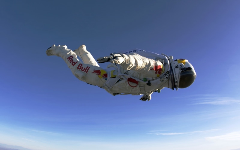 mode of transportation, no people, Felix Baumgartner, nature, Red Bull, sky diving, art and craft, sunny, blue, clear sky, mid-air, airplane, day, sunlight