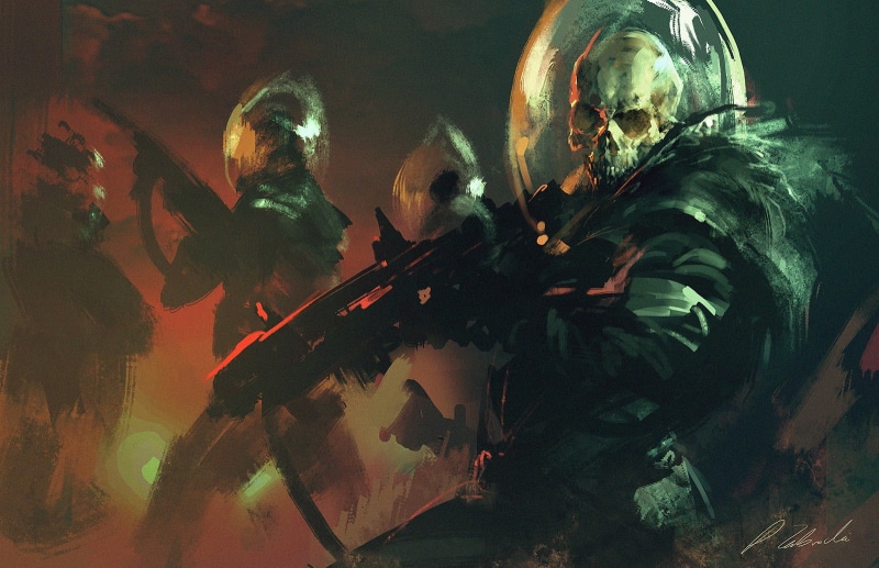death, performance, military, skull, artwork, illuminated, night, space, musician, music, Darek Zabrocki, people, concept art, men, playing, low angle view