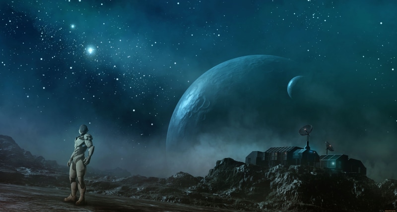 digital art, solid, spacesuit, full length, space, digital composite, nature, real people, star - space, scenics - nature, near, satellite, stars, galaxy