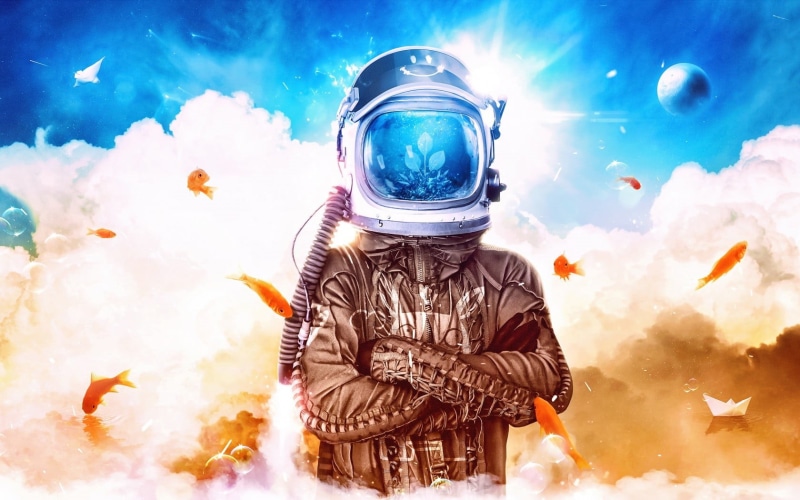 blue, real people, Desktopography, digital composite, astronaut, standing, swimming, Visum, safety, blueprints, men, fish, nature, surreal, water, spacesuit