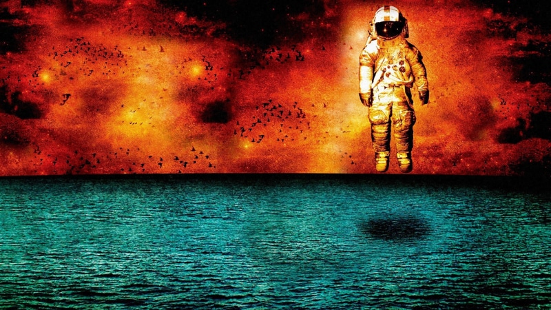 birds, shadow, night, water, space, beauty in nature, fire, unrecognizable person, nature, standing, astronaut, one person, spacesuit, orange color, helmet