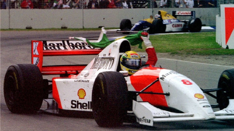 Formula 1, Marlboro, Ayrton Senna, flag, Mclaren Mp4, Brazil, racing, tires, helmet, 720P