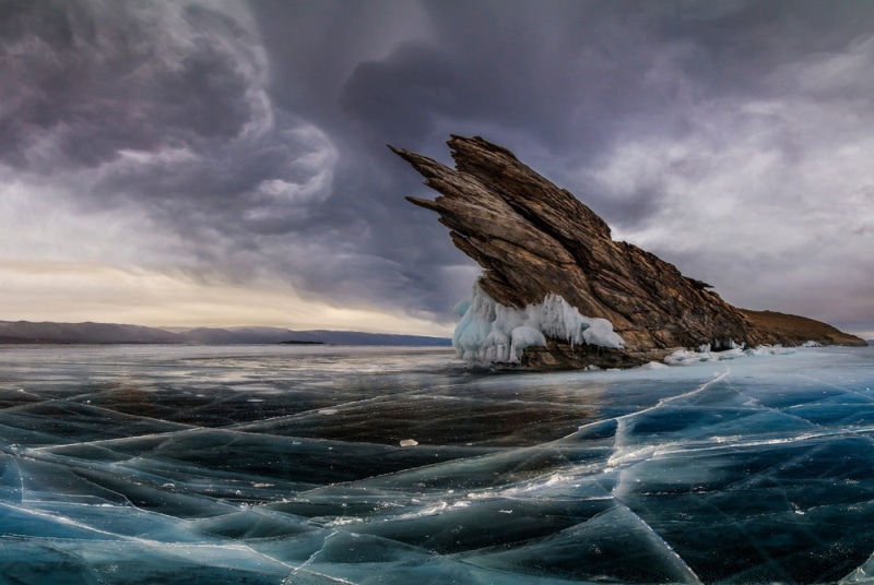 nature, cold, russia, baikal, rock, ice, landscape, 720P, lake baikal, sky, clouds, frost, lake
