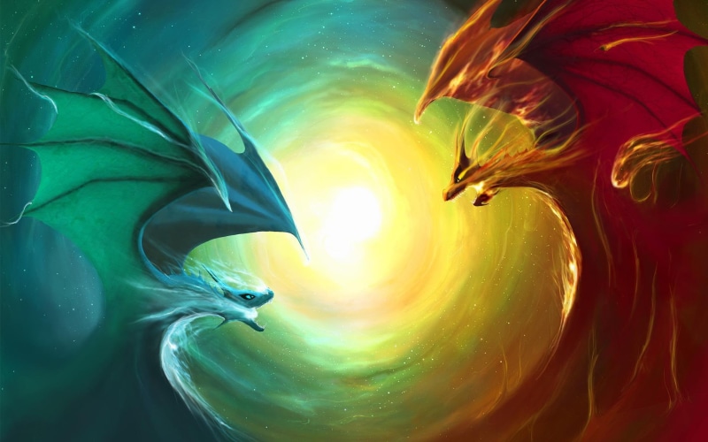 fight, 3d and abstract, fire, vs, ice, cant think of a fourth, 1080P, dragon