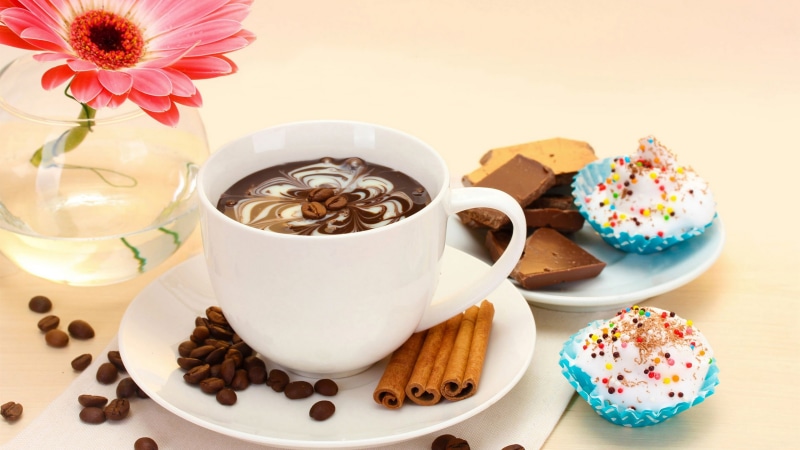 saucer, tea, Cake, white, 4K, Cup, ceramic, Gerbera, Chocolate, Coffee