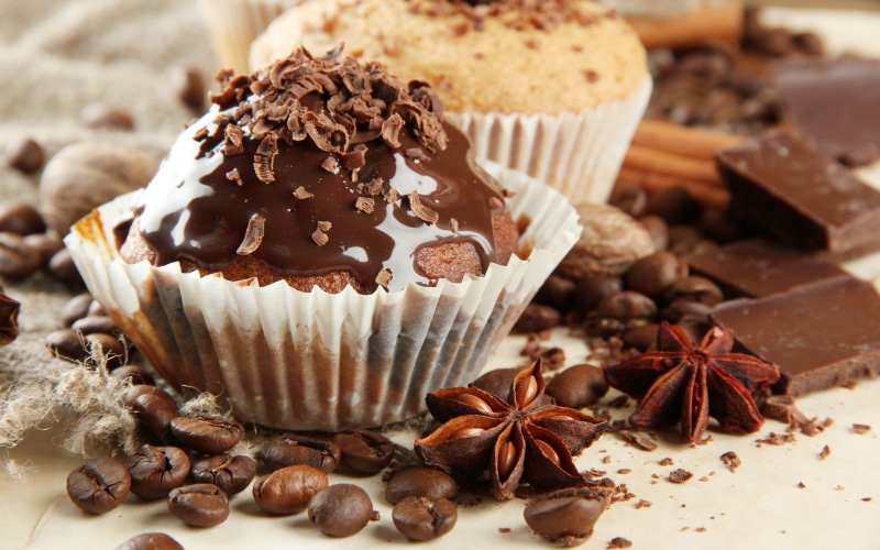 coffee, food, sweet, chocolate, dessert, grains, pastries, anise, 2K, cupcakes, spices