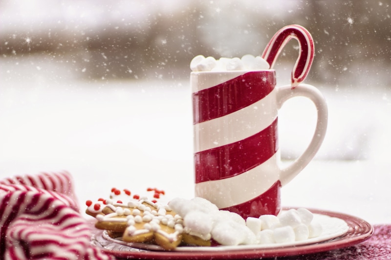 snowing, baked, plate, chocolate, milk, seasonal, holiday - event, christmas, delicious, candy, candy cane, refreshment, mug, food, pastry, beverage, celebration