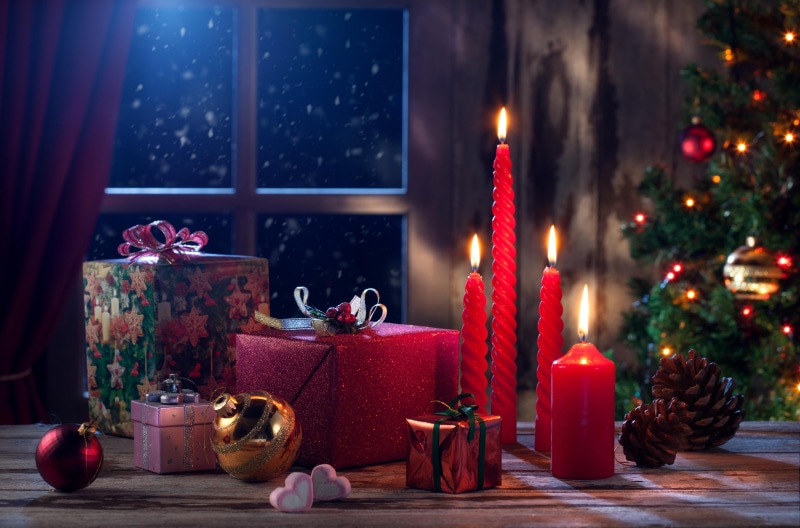 light - Natural Phenomenon, plant, holiday, wood - Material, gift, still Life, lighting Equipment, table, glowing, gifts, celebration, snow, christmas Lights