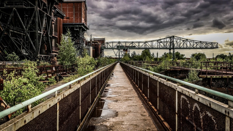 industry, building exterior, furnace, tree, gray, diminishing perspective, the way forward, bridge - man made structure, bridge, transportation, daytime