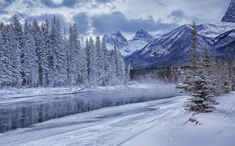 Ice, River, 1080P, Trees, Forest, Winter, Mountains, Snow