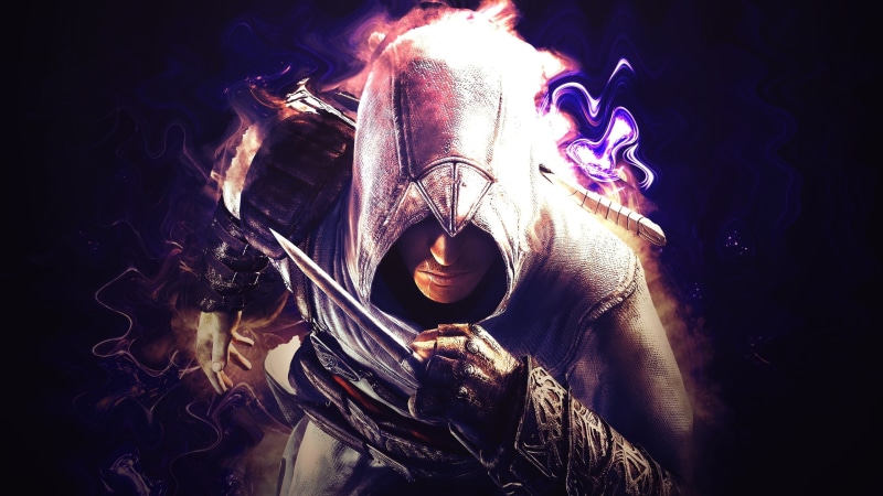 video games, motion, s, Altaïr Ibn-LaAhad, Assassins Creed, light, assassin, indoors, artwork, warning sign, mask, illustration, 2K, front view, creed