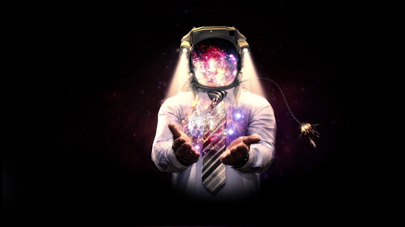 copy space, innovation, 1080P, illuminated, technology, black background, waist up, portrait, digital composite, bombs, males, adult, mature adult, standing