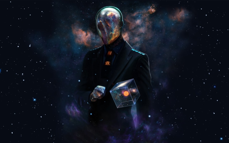 star - space, front view, sky, Last Man Standing: Killbook Of A Bounty Hunter, cube, Dan Luvisi, waist up, standing, indoors, 1080P, digital composite