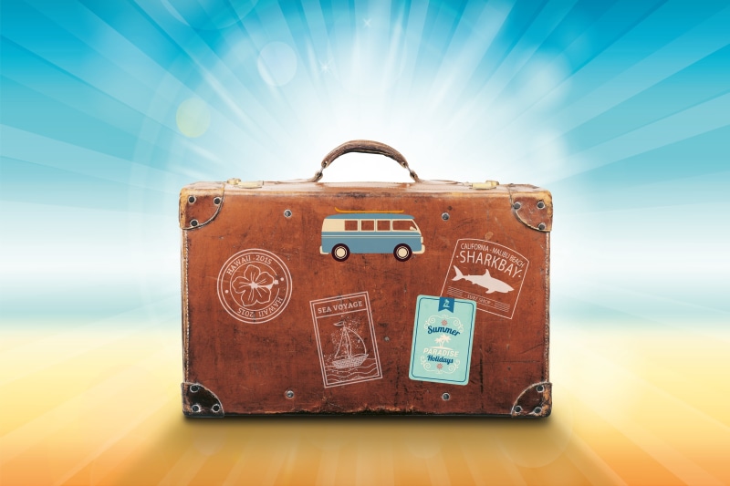 paradise, 4K, close-up, sail, briefcase, savings, travel, journey, holiday, vw bus, dream, vacations, paper currency, vector, sticker, no people, illustration