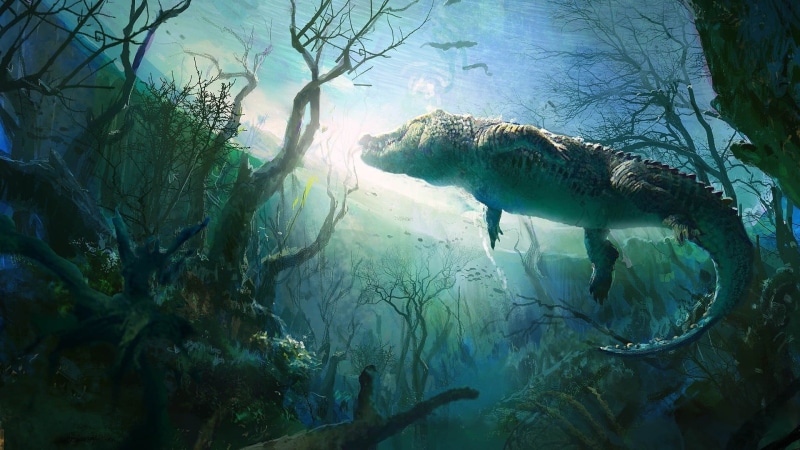 animals, crocodile, crocodiles, 1080P, marine, painting, outdoors, tranquility, water, plant, plants, swimming, nature, day, sea, animal, digital art