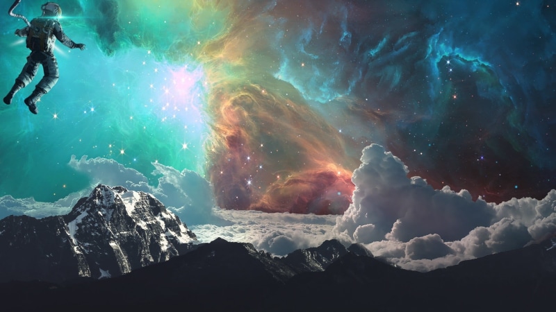 people, photo manipulation, nebula, snow, mountains, unrecognizable person, solid, rock - object, stars, outdoors, adventure, cold temperature, rock, science fiction
