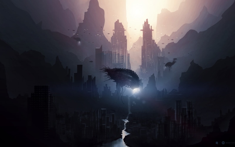 illustration, 1080P, alien, creative and graphics, invasion, creative, hd, graphics, buildings, mountain