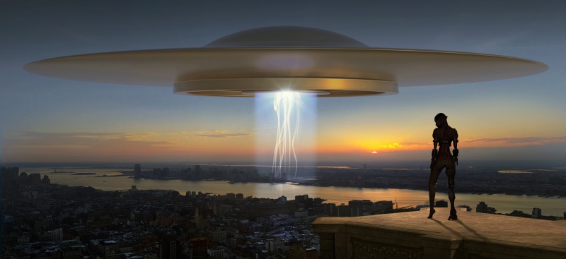 horizon, building exterior, standing, photography, sky, futuristic, city, light, brown, contemplation, looking at view, full length, wide, ufo, fly, building