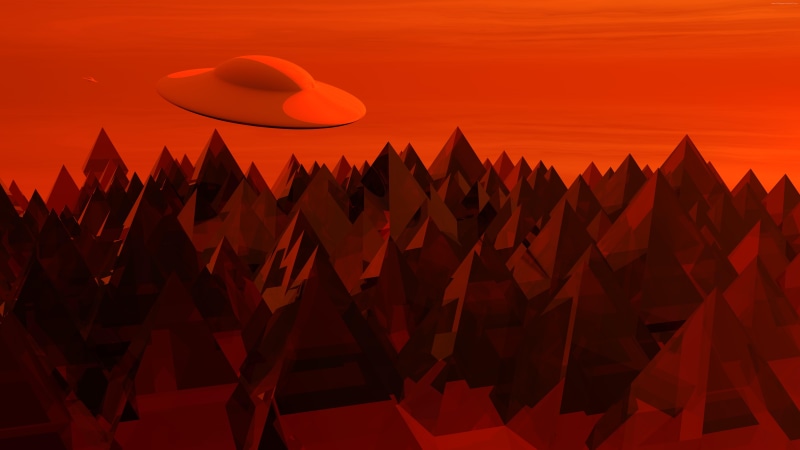 8K, dusk, artwork, red, evening, red sky, graphics, landscape, fantasy art, sunset, ufo, flying saucer, mountains, fantasy landscape