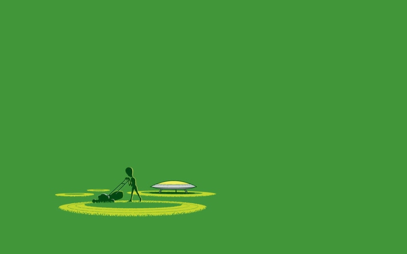 aliens, humor, grass, UFO, simple background, 720P, lawnmowers, digital art, circle, green background, minimalism