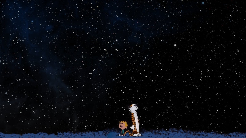 star field, one person, star, outdoors, astronomy, animated, scenics - nature, snow, leisure activity, cold temperature, Calvin and Hobbes, winter