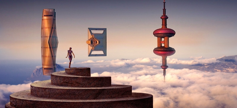 horizon, figure, outdoors, fantasy, city, atmospheric, blue, full length, wide, travel, built structure, 5K, forward, building exterior, surreal, architecture