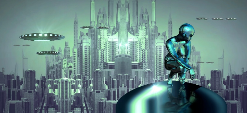 one person, distant, futuristic, figure, wide, skyscraper, digital composite, city, mystical, fantasy, building, adult, nature, surreal, 5K, flying objects