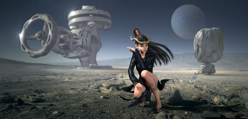 light, scene, stones, young women, surreal, clothing, composing, one person, rock - object, illustration, atmosphere, mysterious, dark, sand, amazone, land