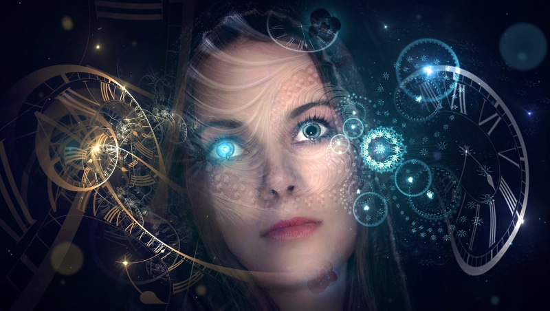 dreams, atmospheric, dark, light traces, black background, mysterious, atmosphere, composing, clock, girl, portrait, magical, lights, robot, beautiful