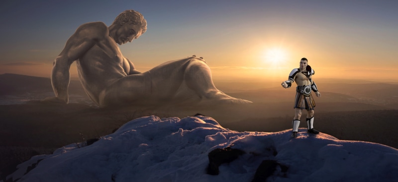 landscape, game, gigantic, cooperation, force of nature, collage, man, warrior, application, fog, desert, mysterious, fairy tales, light, sunset, composing