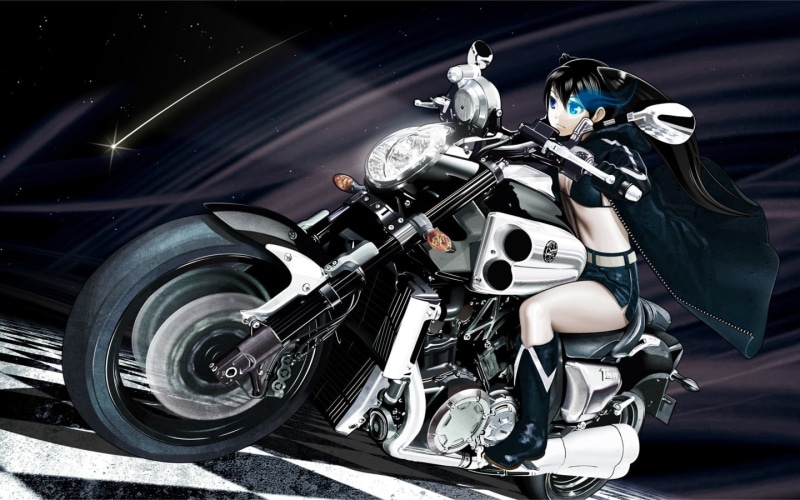 day, motorcycle, anime, riding, helmet, 720P, transportation, chrome, street, anime girls, silver colored, wheel, road, sitting, outdoors, people, Strength (Black Rock Shooter)