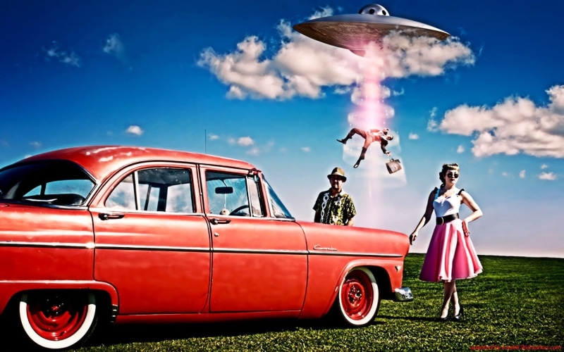 Oldtimer, UFOs, clouds, adult, sky, fashion, 720P, digital art, red cars, nature, day, outdoors, red, standing, two people, motor vehicle, sedan, females