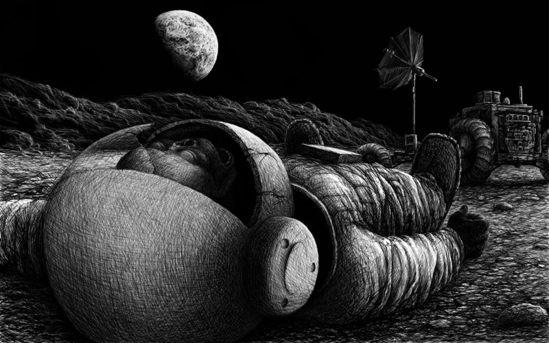equipment, suit, old, art and craft, laying, domestic animals, 720P, indoors, night, drawing, close-up, domestic, cosmonaut, canine, one animal, art, nature