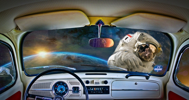 car interior, vehicle interior, happy, vw, indoors, one person, emotion, men, windshield, motor vehicle, car, inside, travel, space, astronaut, mode of transportation