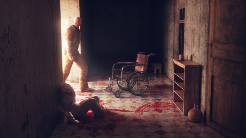 dead, outlast, near, standing, 1080P, blood, man, animated, wheelchair, corridor, death, hospital