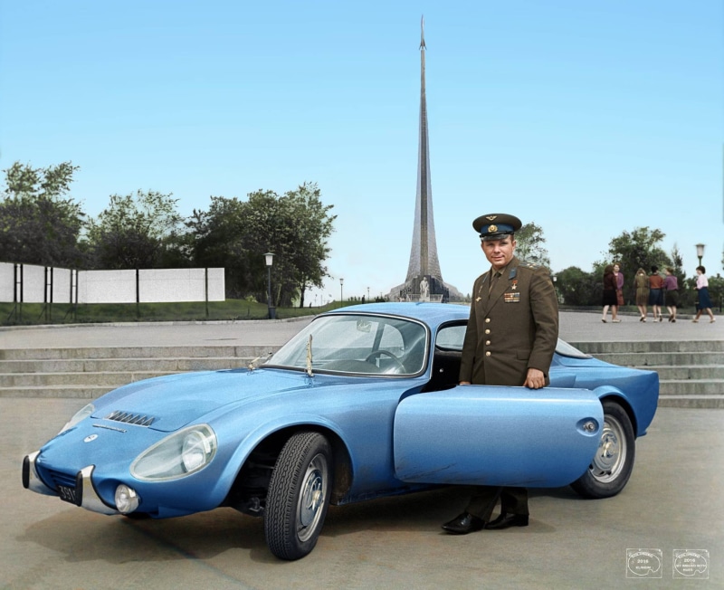 standing, men, coupe, motor vehicle, Cosmonauts Alley, sports, day, full length, lifestyles, Monument to the Conquerors of space, transportation, blue