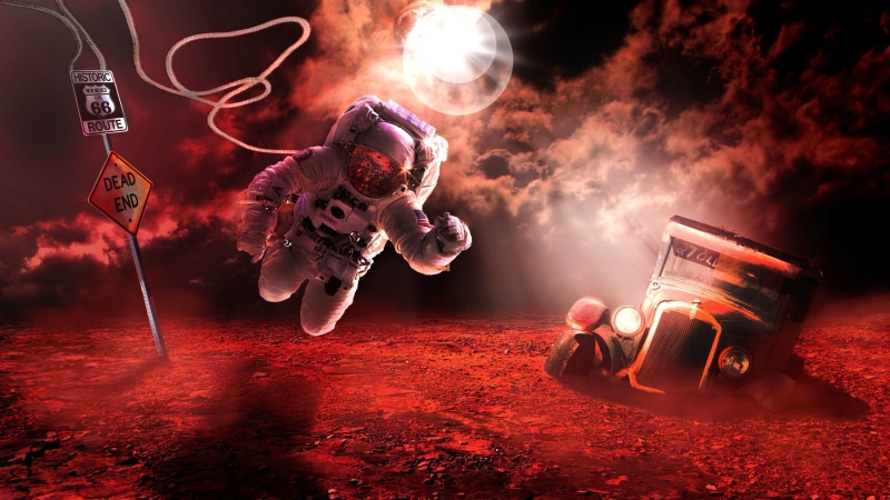 outdoors, headwear, activity, moon light, atmosphere, travel, planet, red, sign, helmet, future, competition, people, adult, exploration, spacesuit, cosmonaut