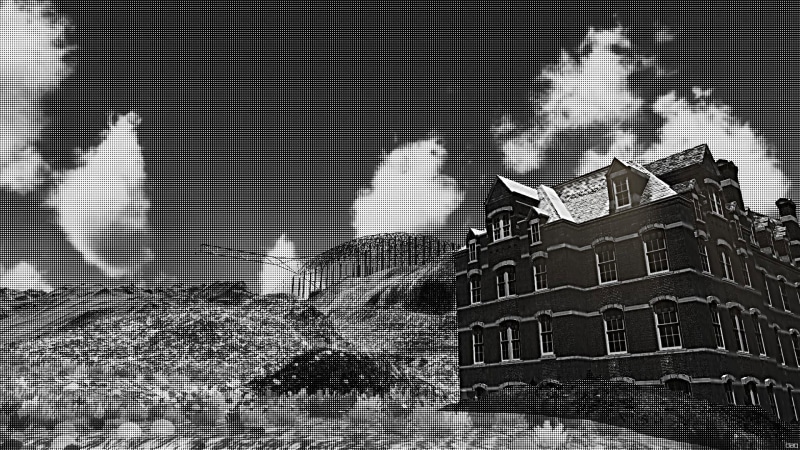 window, city, day, USSR, no people, apocalyptic, outdoors, sky, water, old building, built structure, digital composite, monochrome, office building exterior
